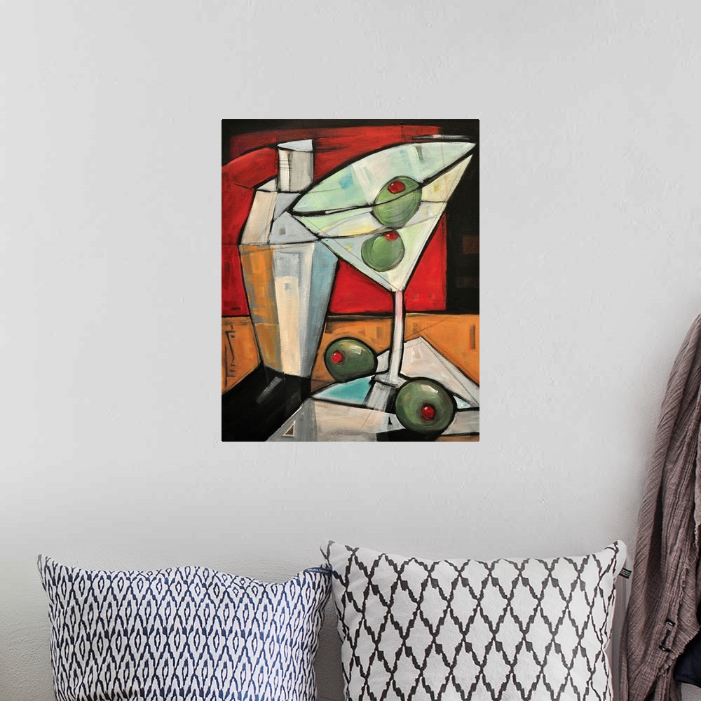 A bohemian room featuring Large, portrait, contemporary painting of a martini in a glass with two olives in it and two oliv...