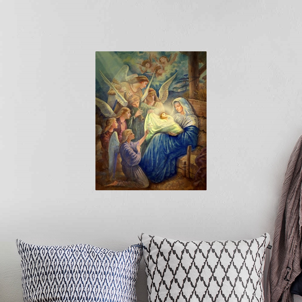 A bohemian room featuring Mary and Newborn Jesus