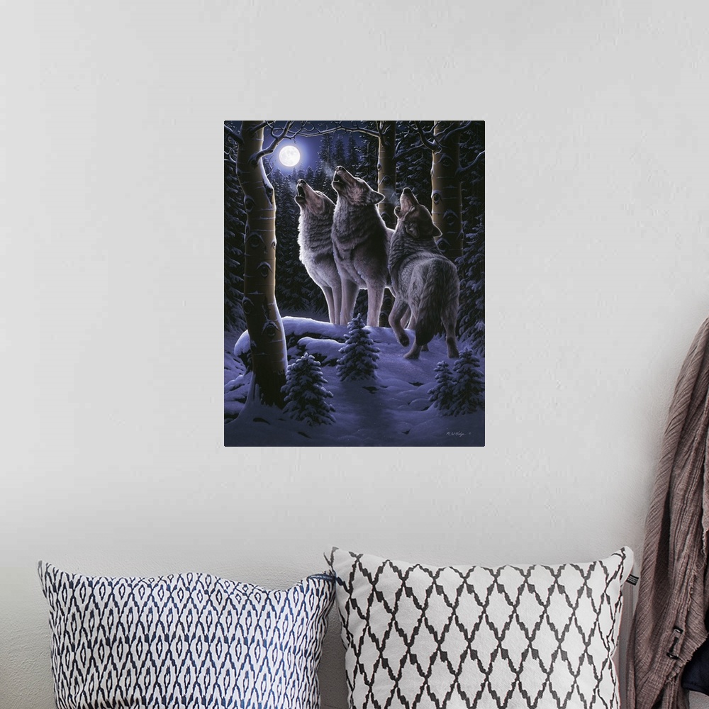 A bohemian room featuring Three wolves howling in unison, with a full moon in the sky, snow on the ground.