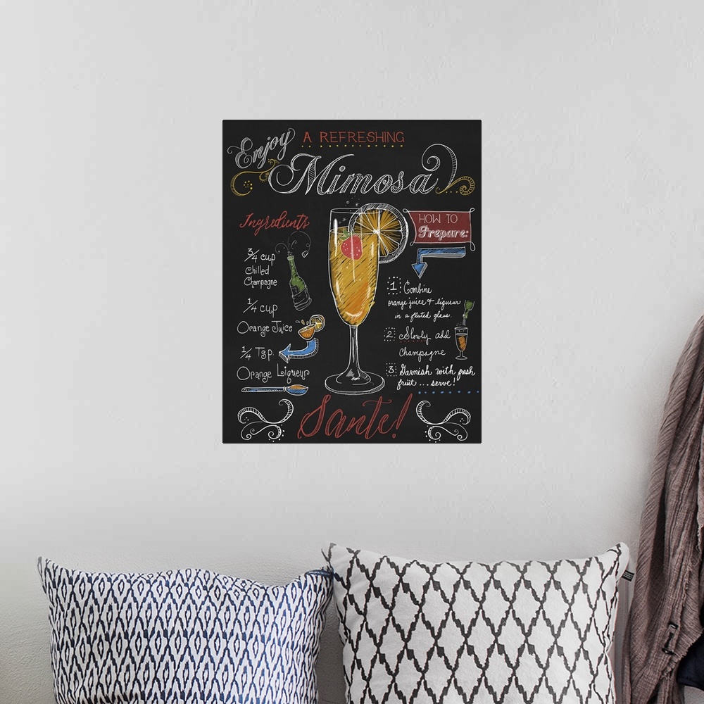A bohemian room featuring Chalkboard-style sign with instructions and ingredients for making a mimosa.