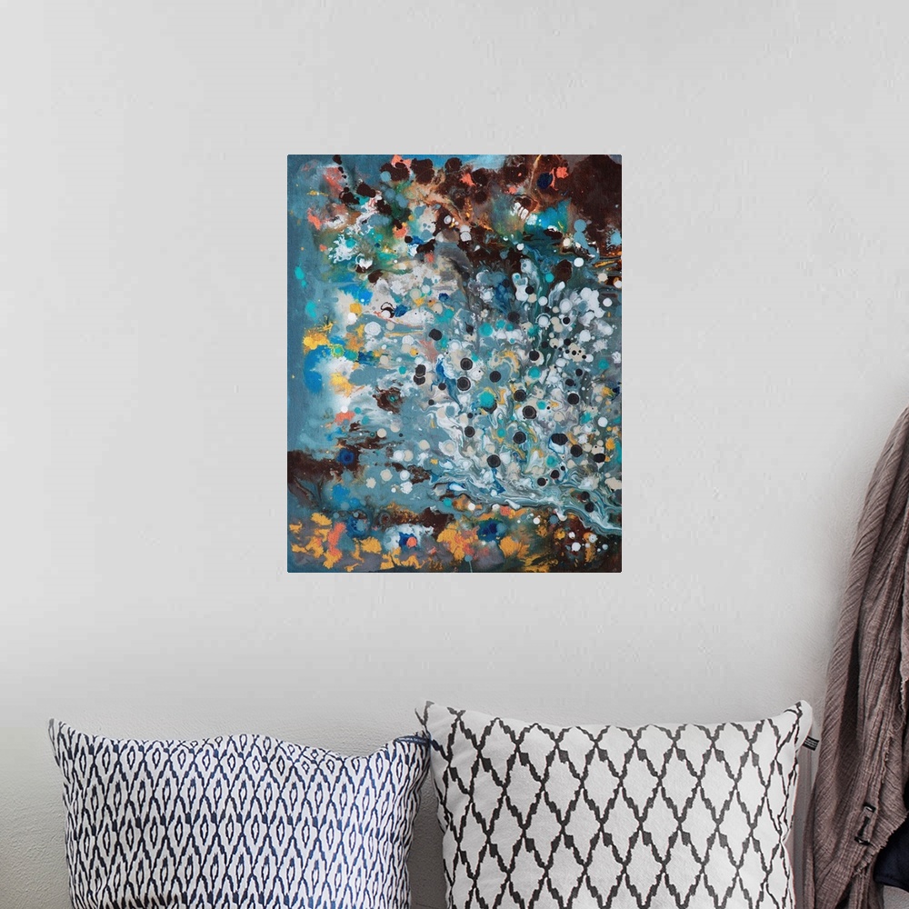 A bohemian room featuring Contemporary abstract painting resembling a galaxy and stars.