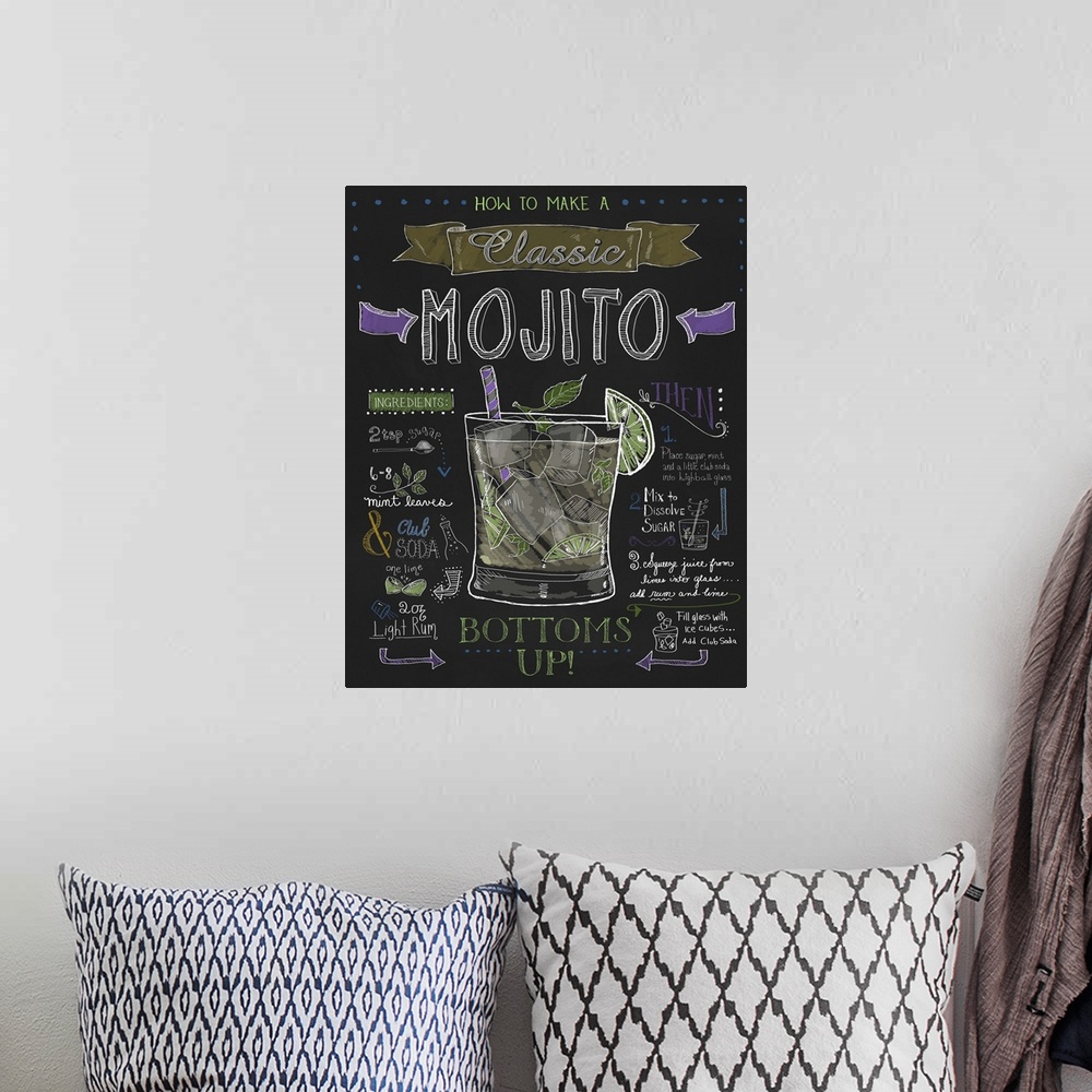 A bohemian room featuring Chalkboard-style sign with instructions and ingredients for making a mojito.