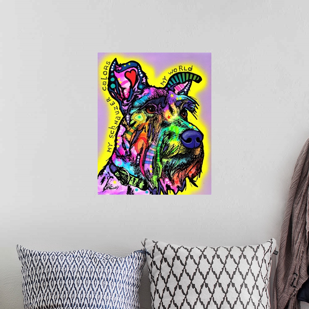 A bohemian room featuring "My Schnauzer Colors My Wold" handwritten around a colorful painting of a Schnauzer on a purple b...