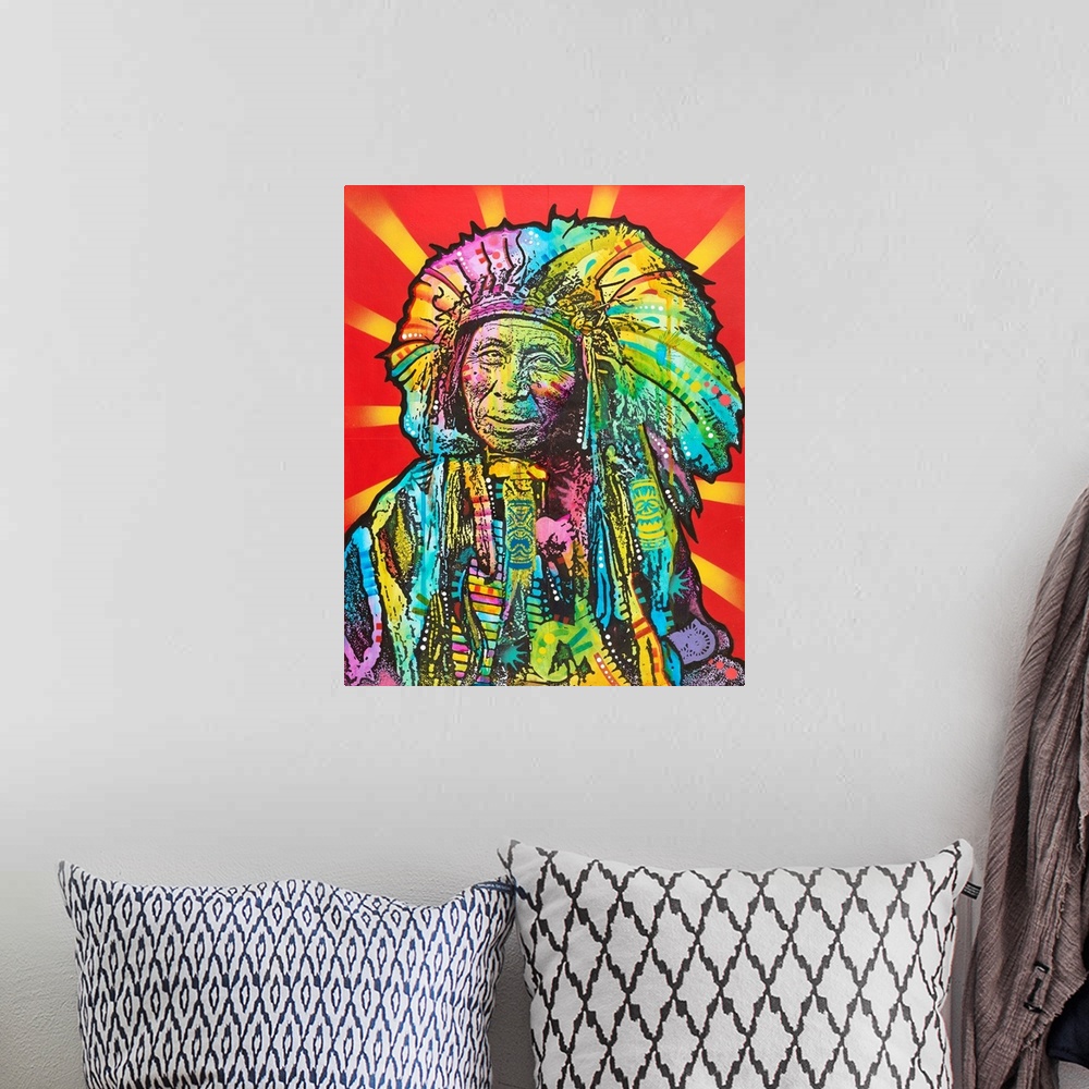 A bohemian room featuring Illustration of a Native American wearing a head dress with colorful markings all over on a red b...
