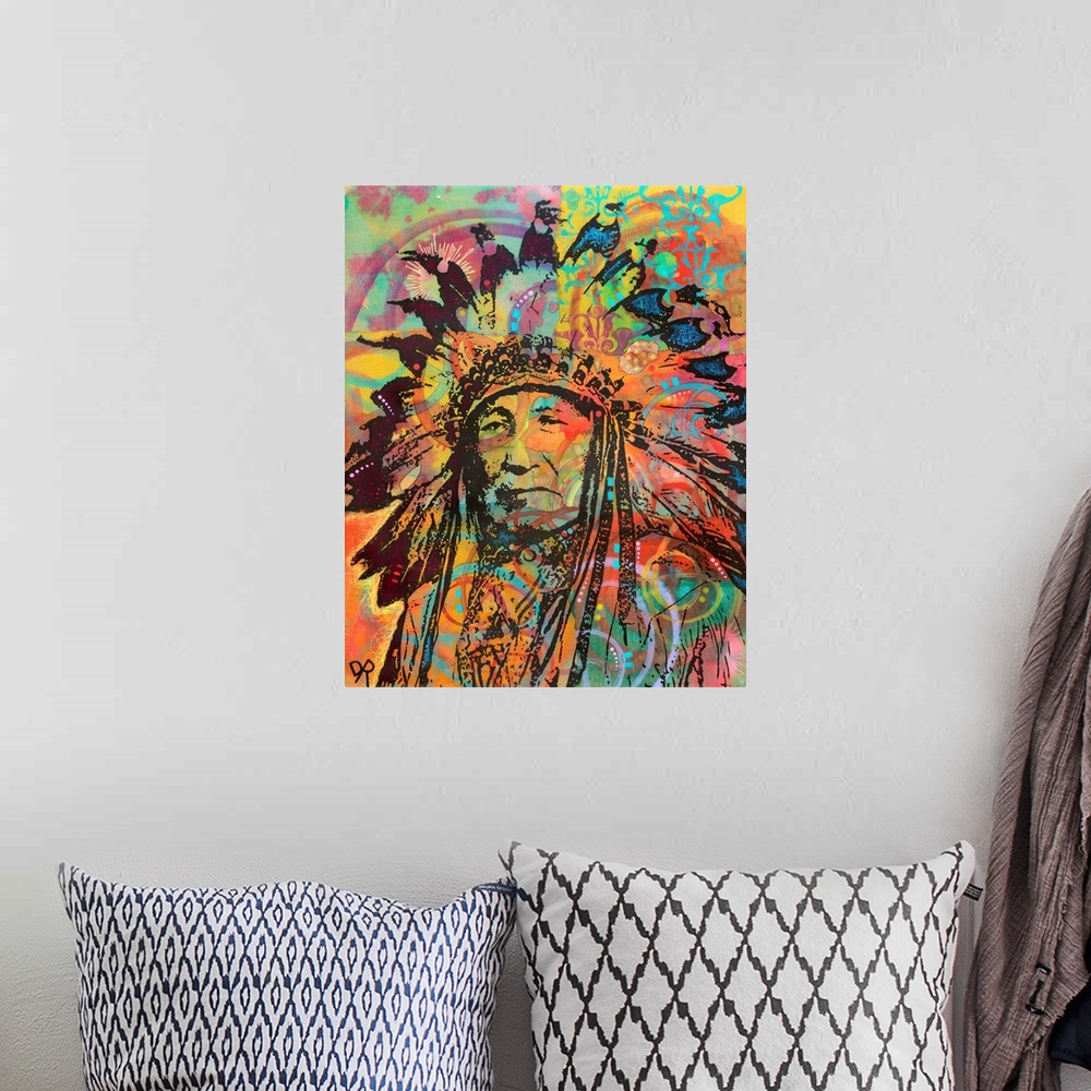 A bohemian room featuring Graffiti style illustration of a Native American with various colors.