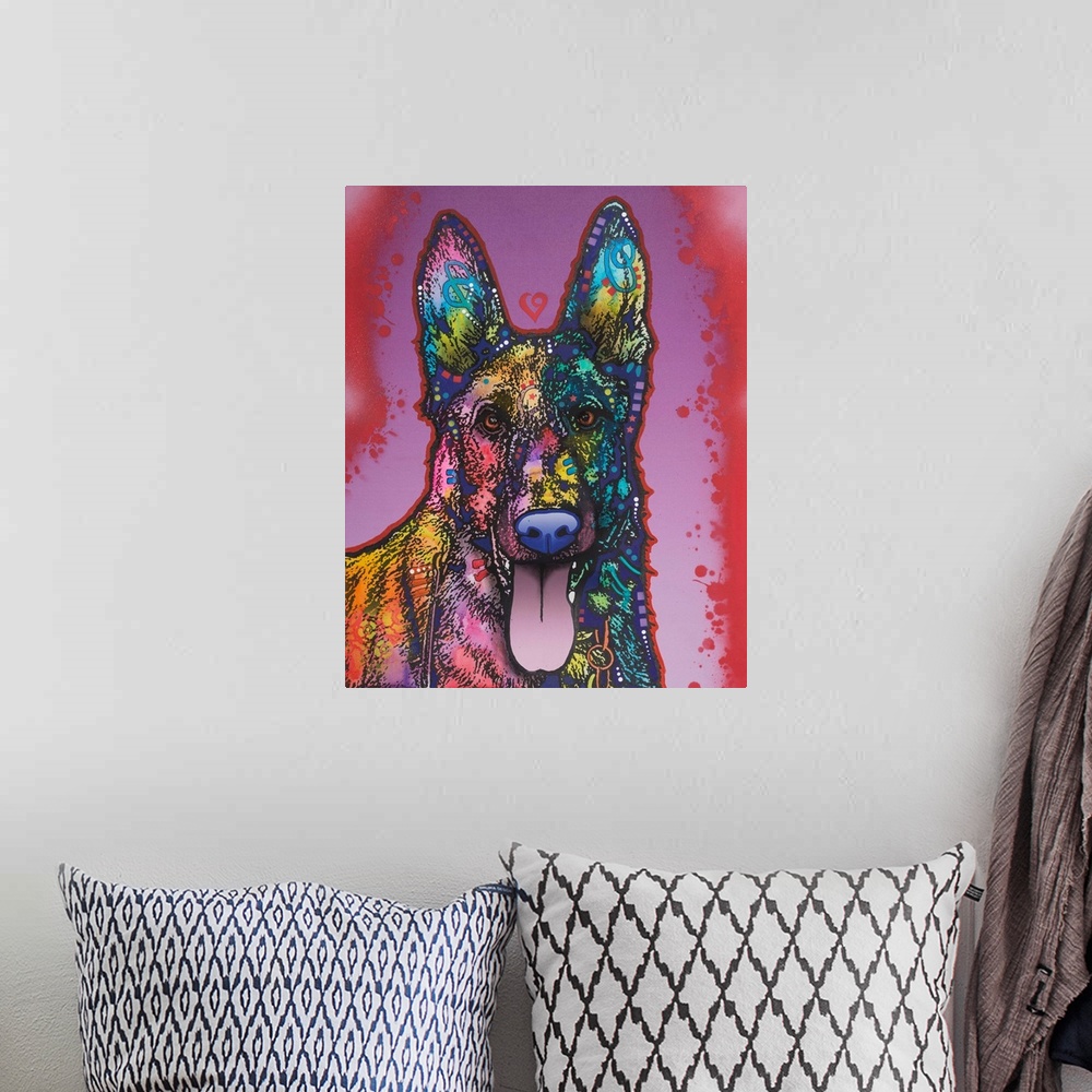 A bohemian room featuring Illustration of a German Shepard dog with different colors and shaped designs on a purple and red...