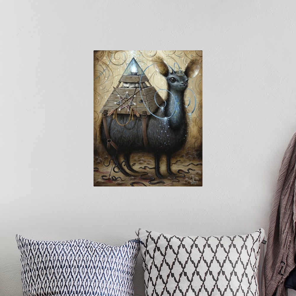 A bohemian room featuring Surrealist painting of a llama-type animal with pyramid shaped box on its back containing an animal.