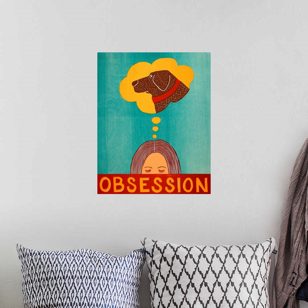 A bohemian room featuring Illustration of a woman with a thought bubble above her head that has a picture of her chocolate ...