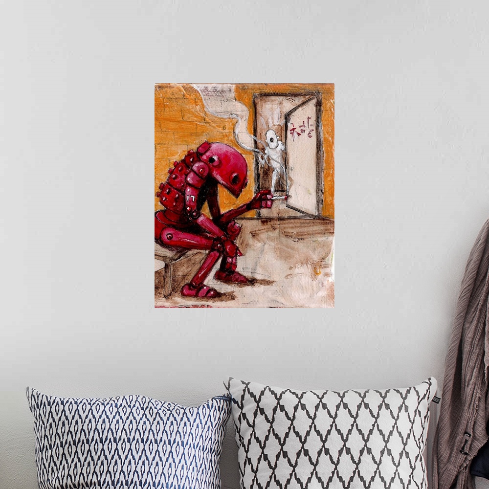 A bohemian room featuring Illustration of a red robot sitting on a bench and smoking.