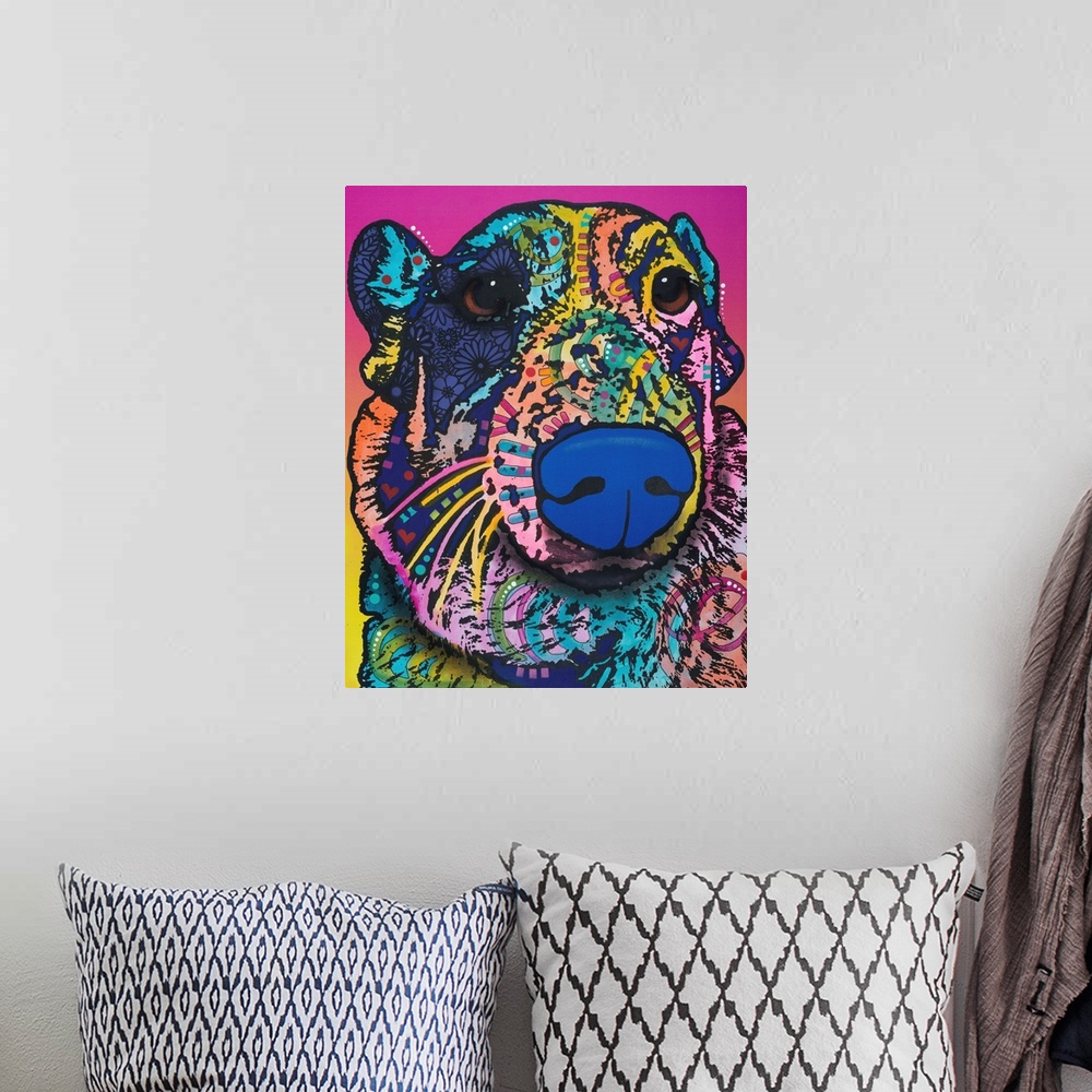 A bohemian room featuring Pop art style painting of a colorful dog with a fluffy neck, sad eyes, and graffiti-like designs ...