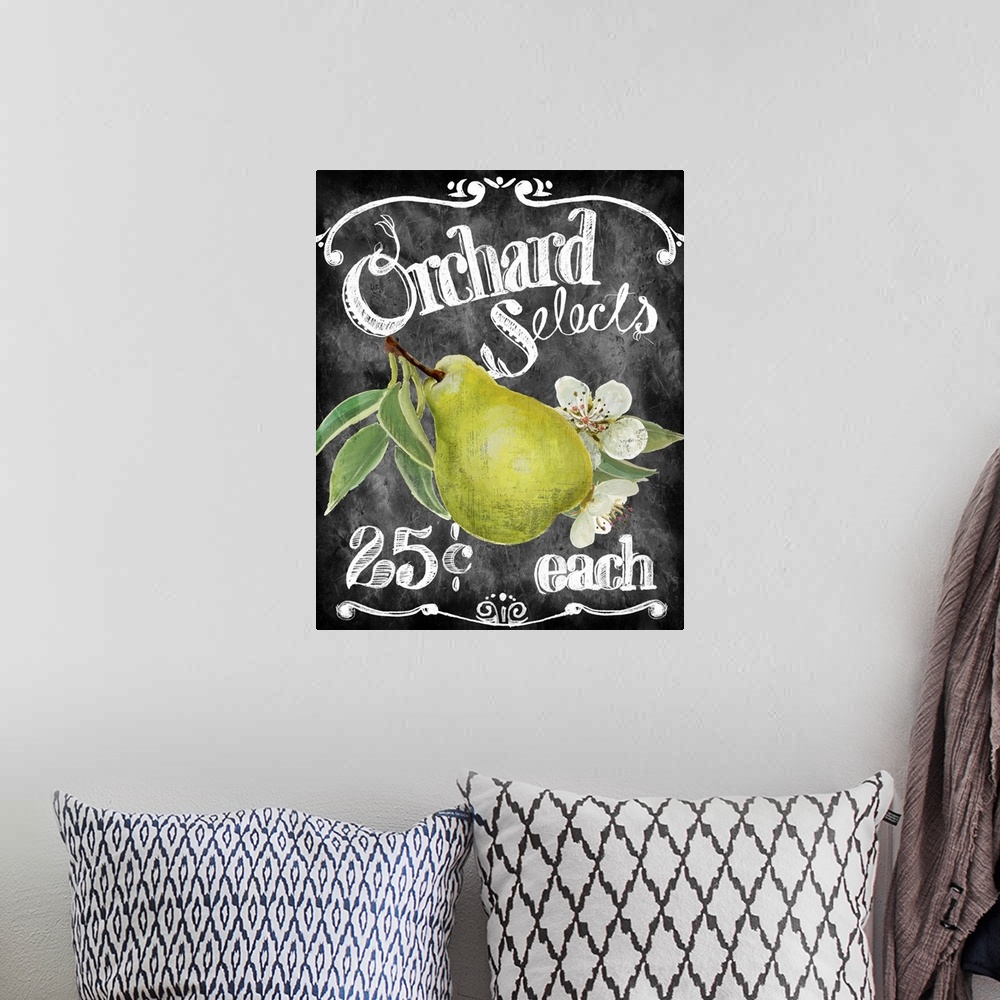 A bohemian room featuring Chalkboard-style sign for fresh fruit from the Farmer's Market.