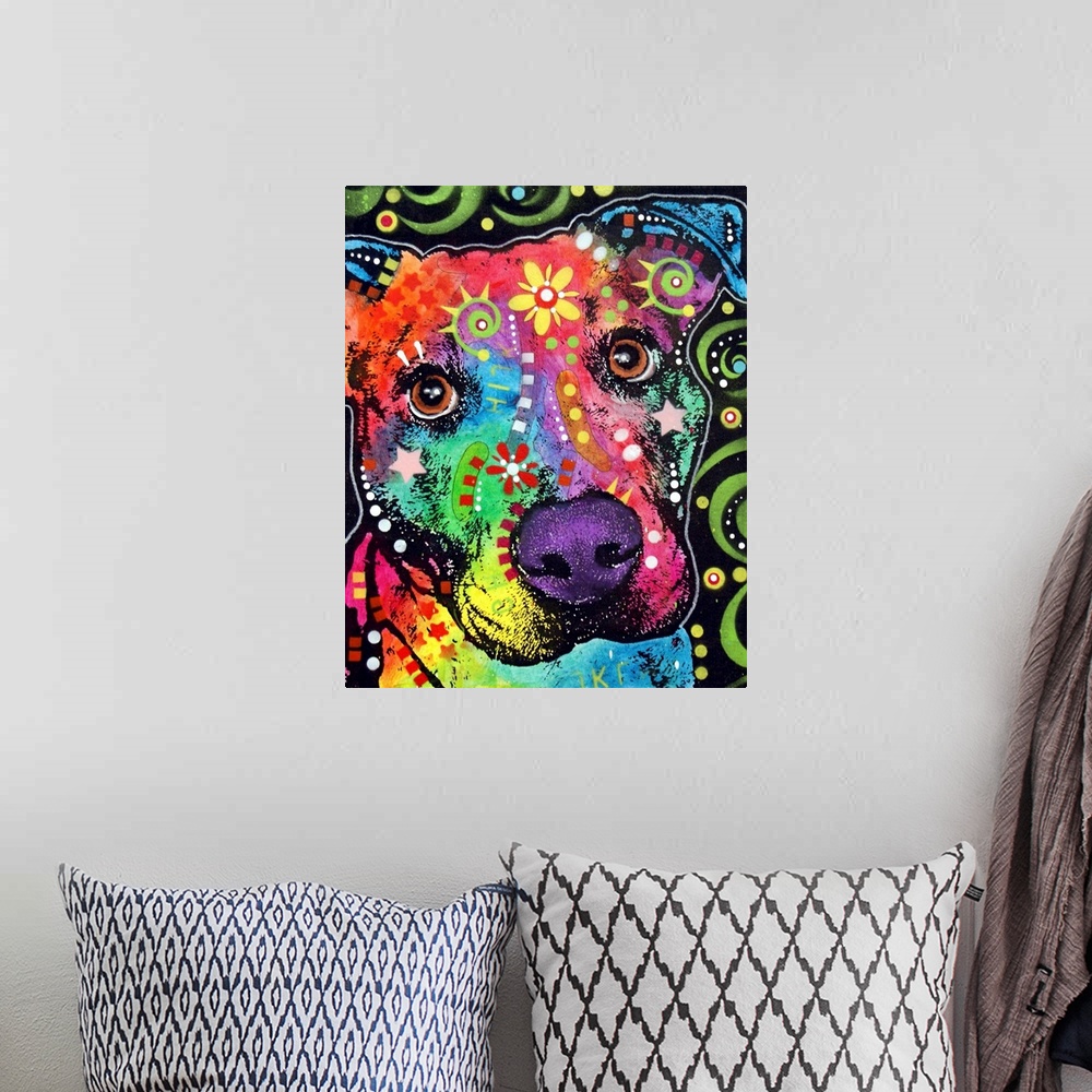 A bohemian room featuring Contemporary stencil painting of a pit bull filled with various colors and patterns.