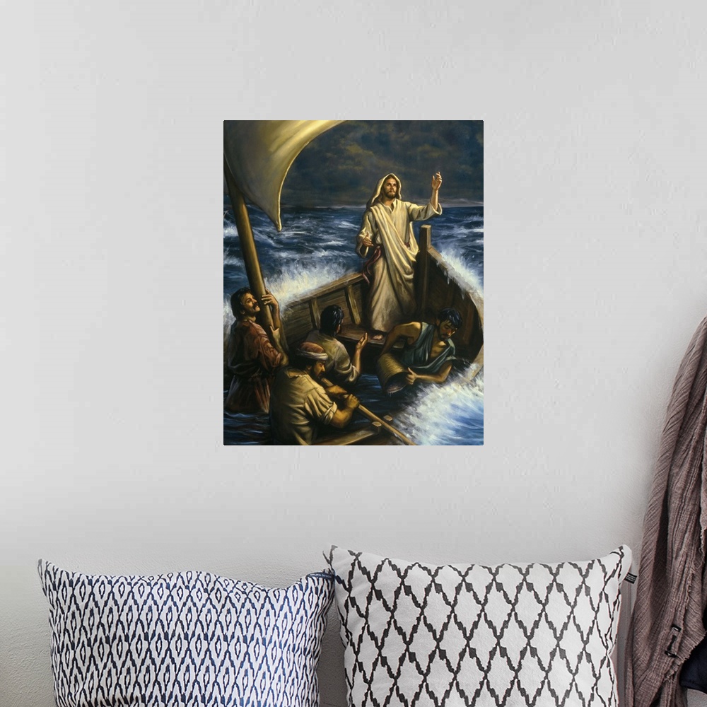 A bohemian room featuring Jesus calming the rough ocean waters.