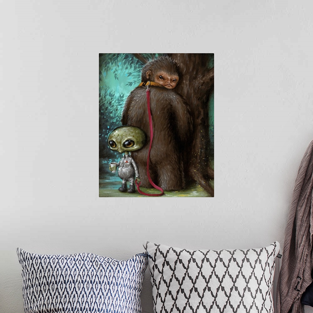 A bohemian room featuring Surrealist painting of an alien holding a leash attached to a creature resembling a Sasquatch sta...