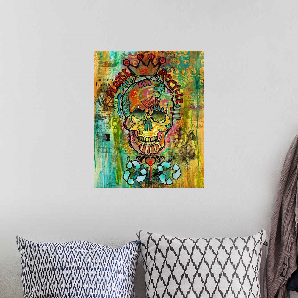 A bohemian room featuring Colorful illustration with a skull wearing a crown and "Please Recycle" written around it on a co...