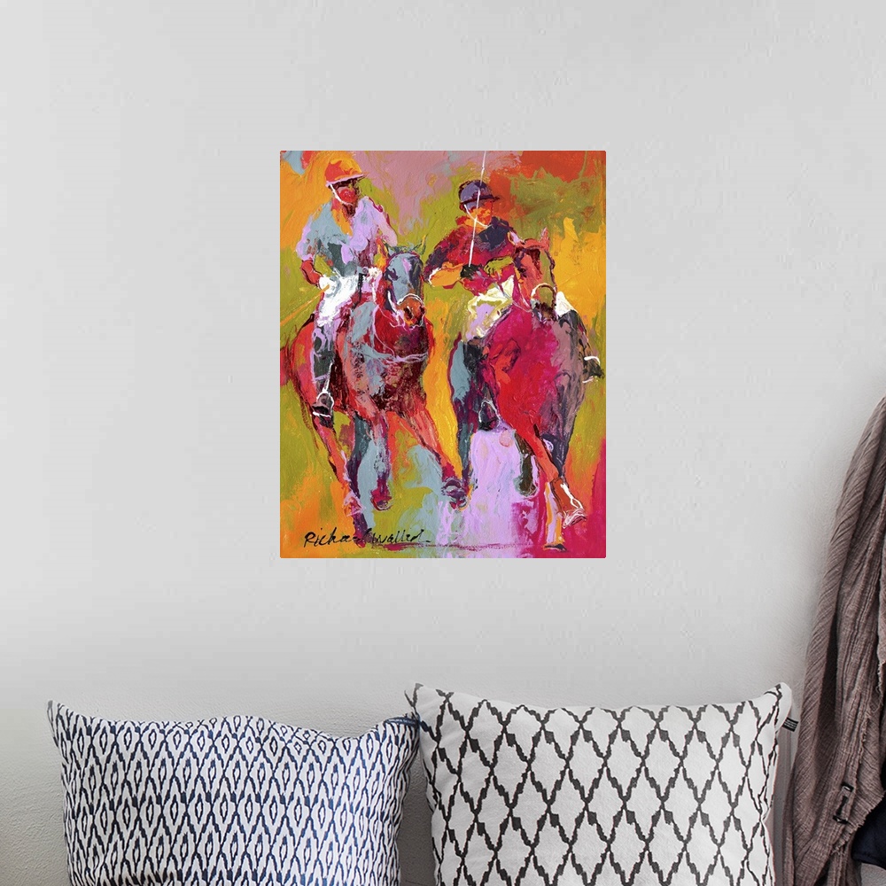 A bohemian room featuring Contemporary colorful painting of a polo match from atop horseback.