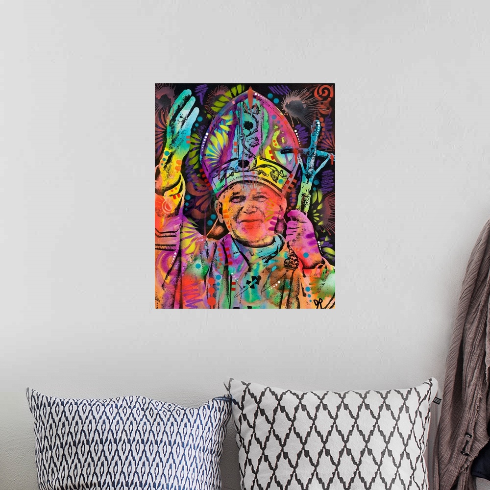 A bohemian room featuring Pop art style painting of Pope John Paul II covered in colorful abstract designs.
