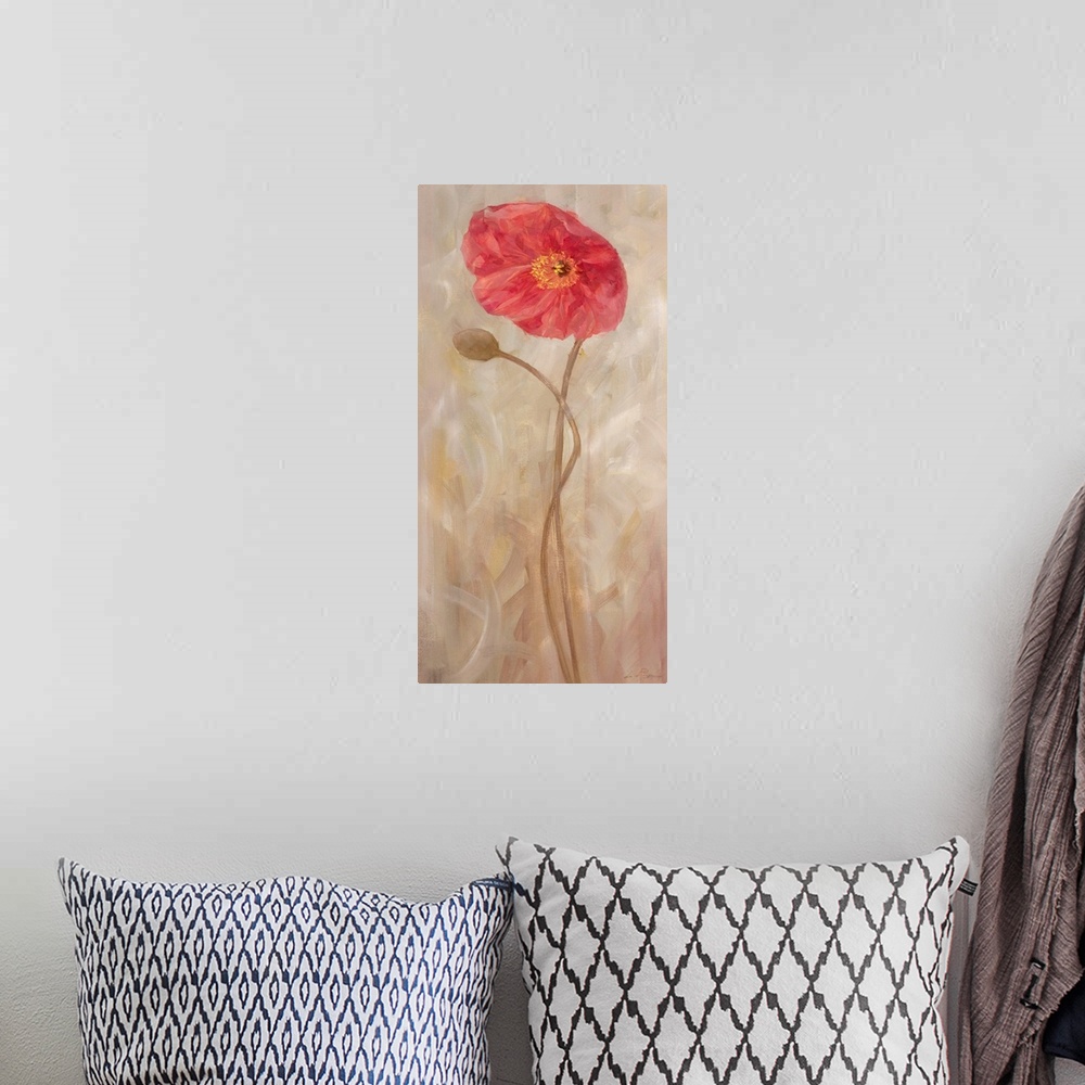 A bohemian room featuring Contemporary painting of a poppy.