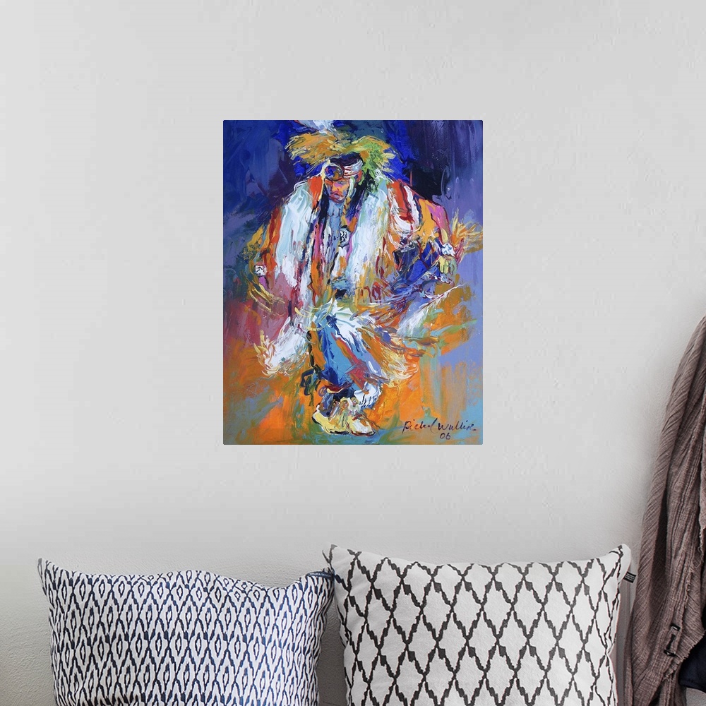 A bohemian room featuring Contemporary vibrant colorful painting of a traditionally dressed native American.