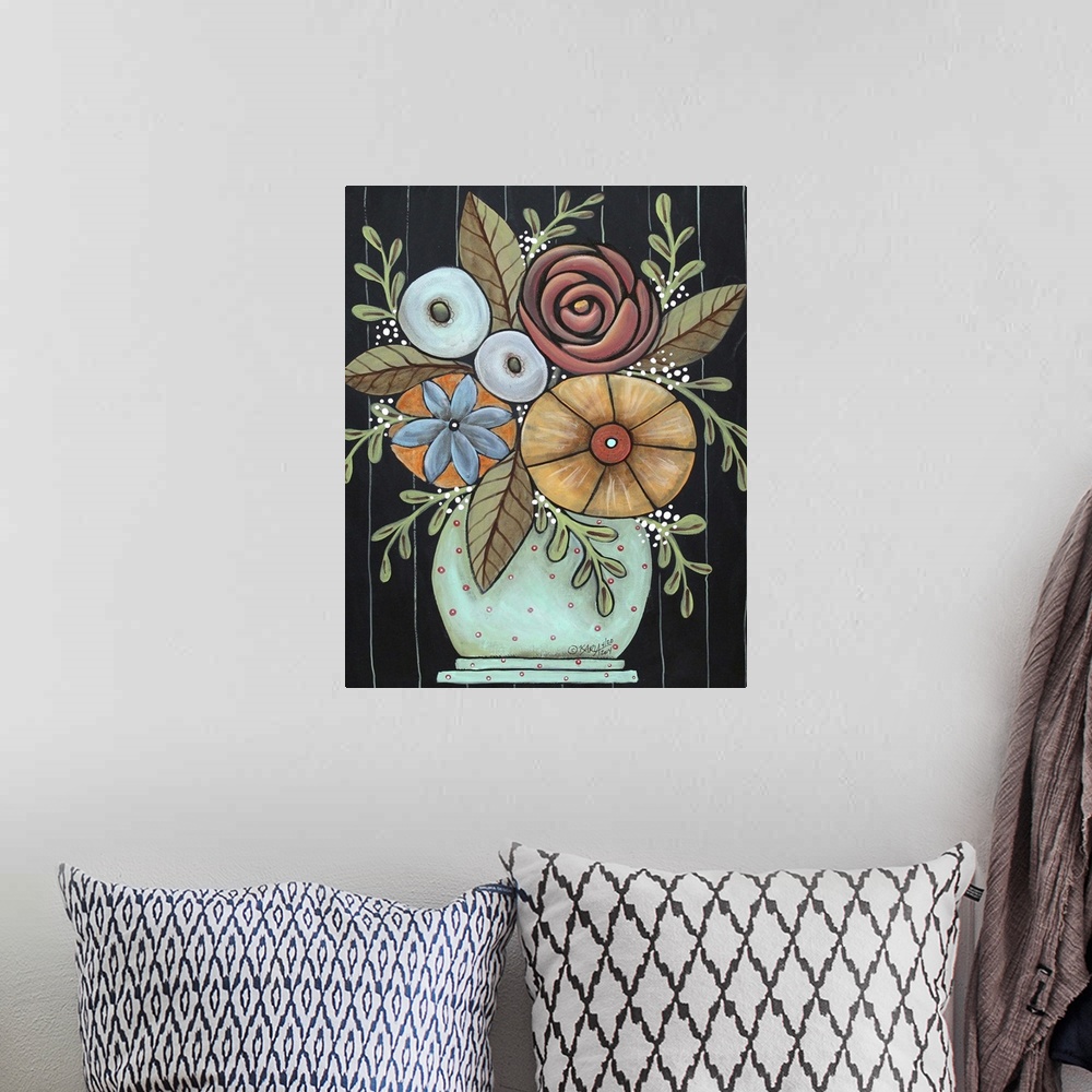 A bohemian room featuring Contemporary painting of a vase of colorful flowers, including a rose, against a black background.