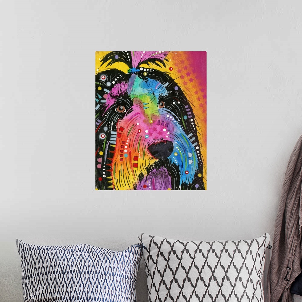 A bohemian room featuring Colorful painting of a Havanese with abstract markings on a pink and yellow background with a sta...
