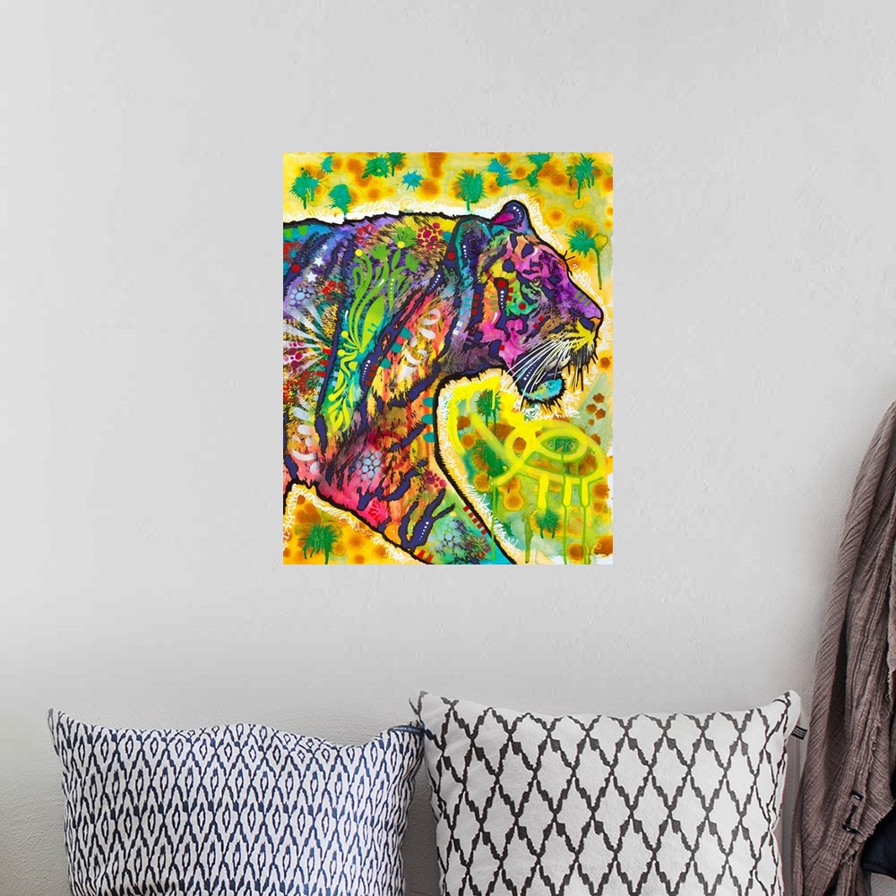 A bohemian room featuring Contemporary stencil painting of a tiger filled with various colors and patterns.