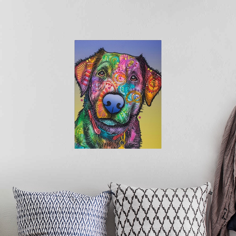 A bohemian room featuring Pop art style painting of a colorful Labrador with graffiti-like designs on a blue and yellow bac...