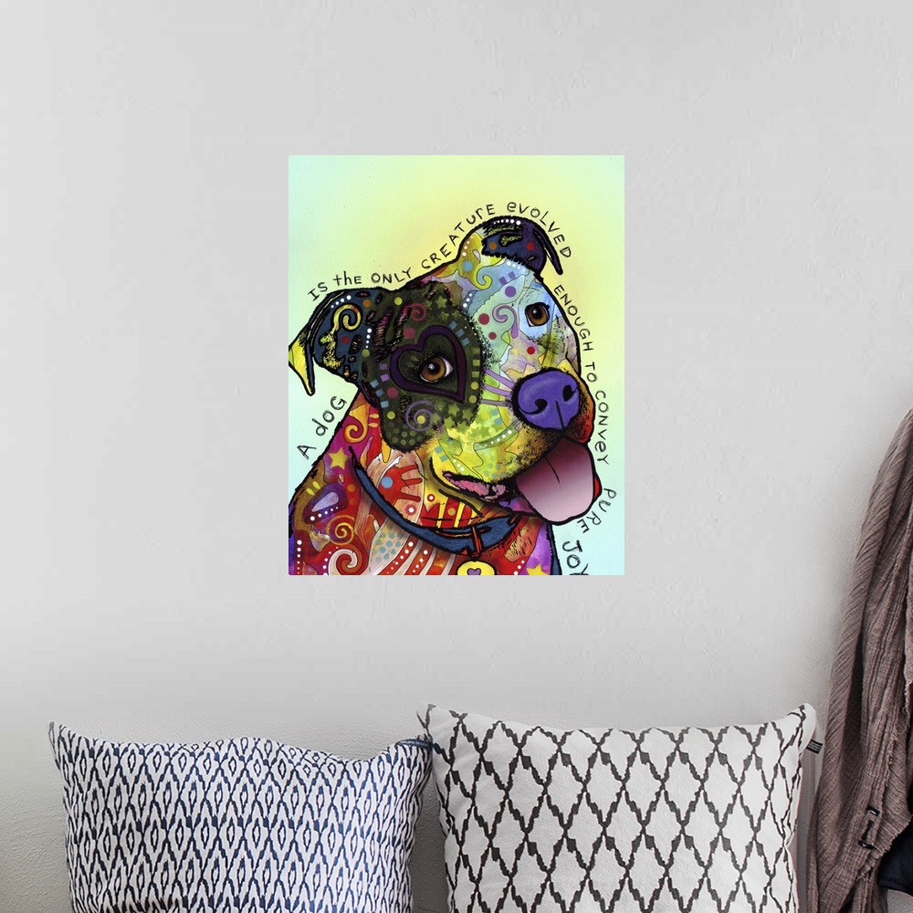 A bohemian room featuring Contemporary abstract painting of a dog with various patterns and colors representing his fur.