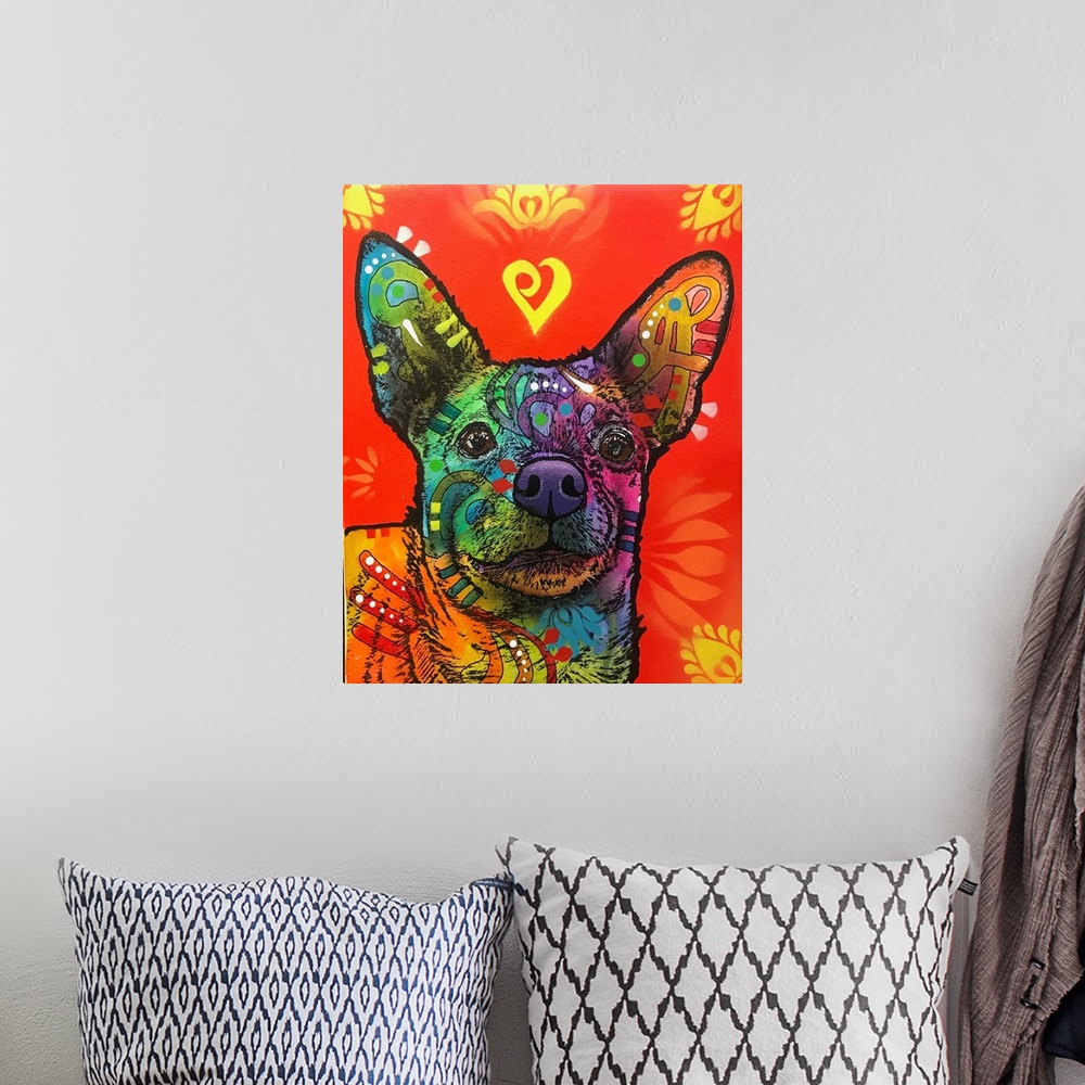 A bohemian room featuring Contemporary stencil painting of a chihuahua filled with various colors and patterns.