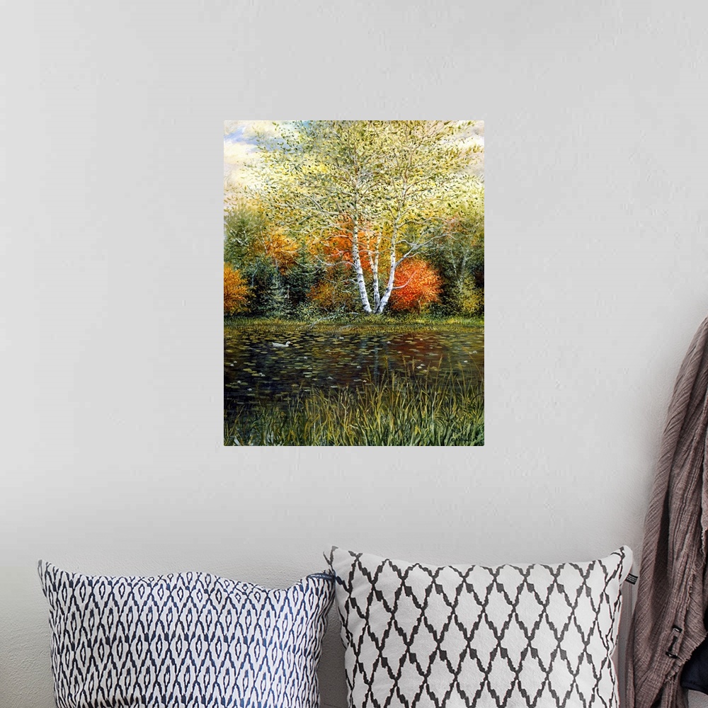 A bohemian room featuring Contemporary artwork of autumn trees reflecting in pond