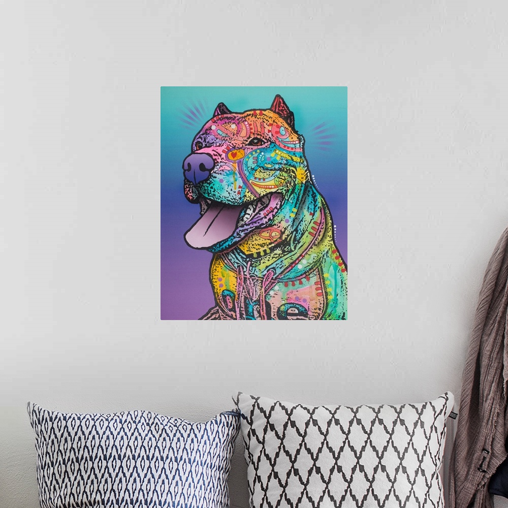 A bohemian room featuring Illustration of a pit bull made with different colors and shaped designs on a blue and purple bac...