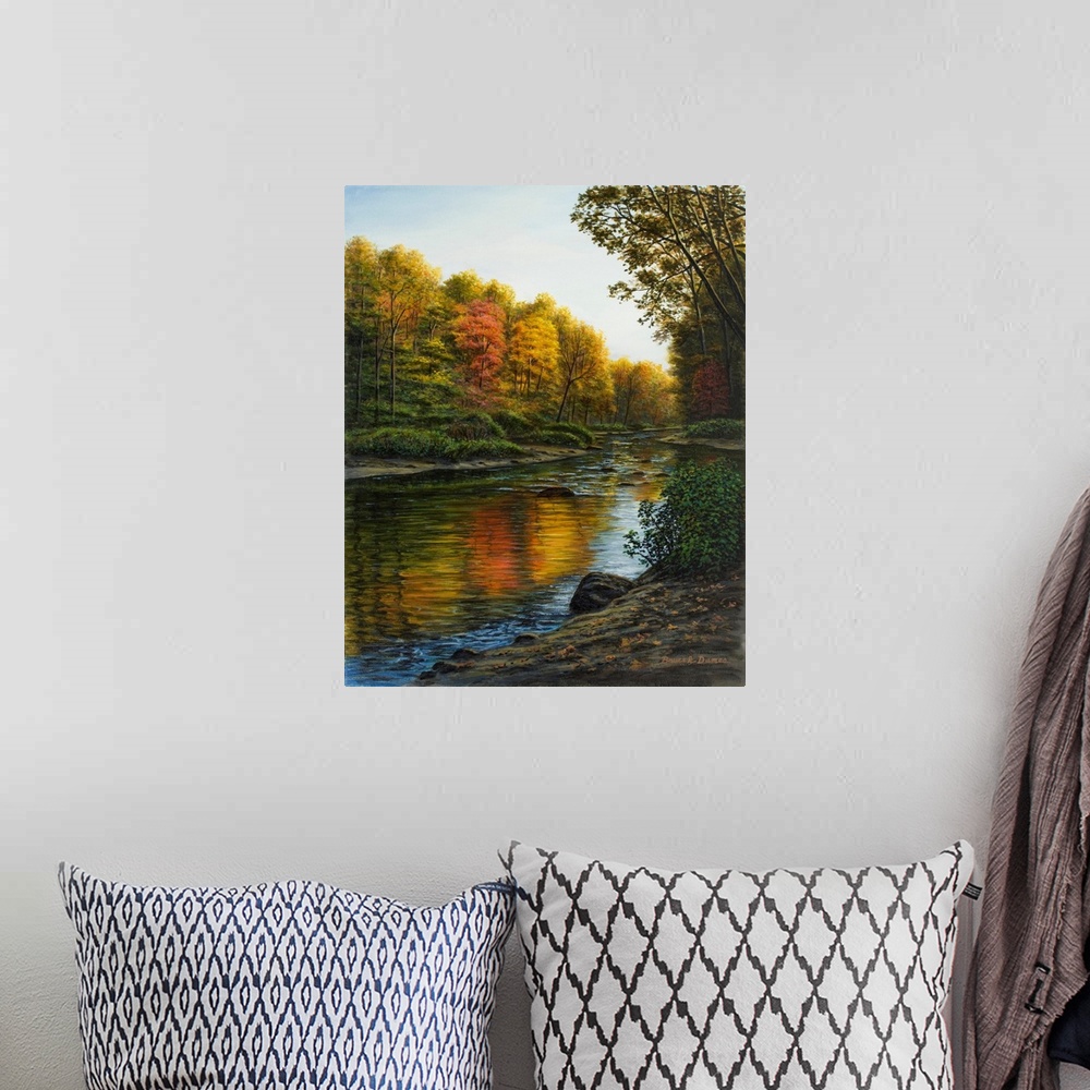 A bohemian room featuring Contemporary artwork of a river in the fall.