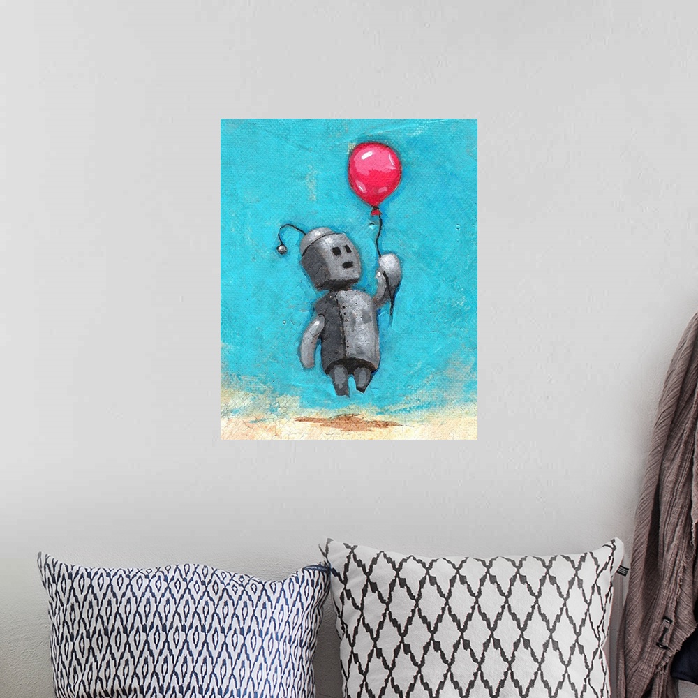A bohemian room featuring Illustration of a robot floating away with a red balloon.
