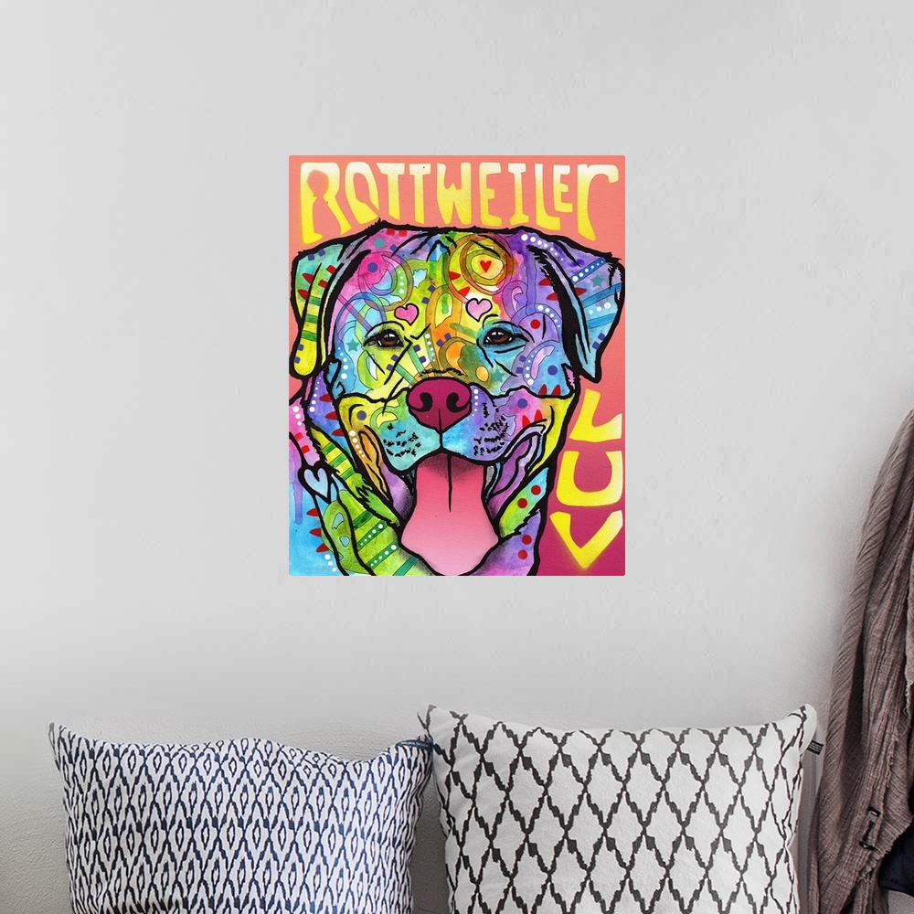 A bohemian room featuring "Rottweiler Luv" written around a colorful painting of a Rottweiler with abstract markings.