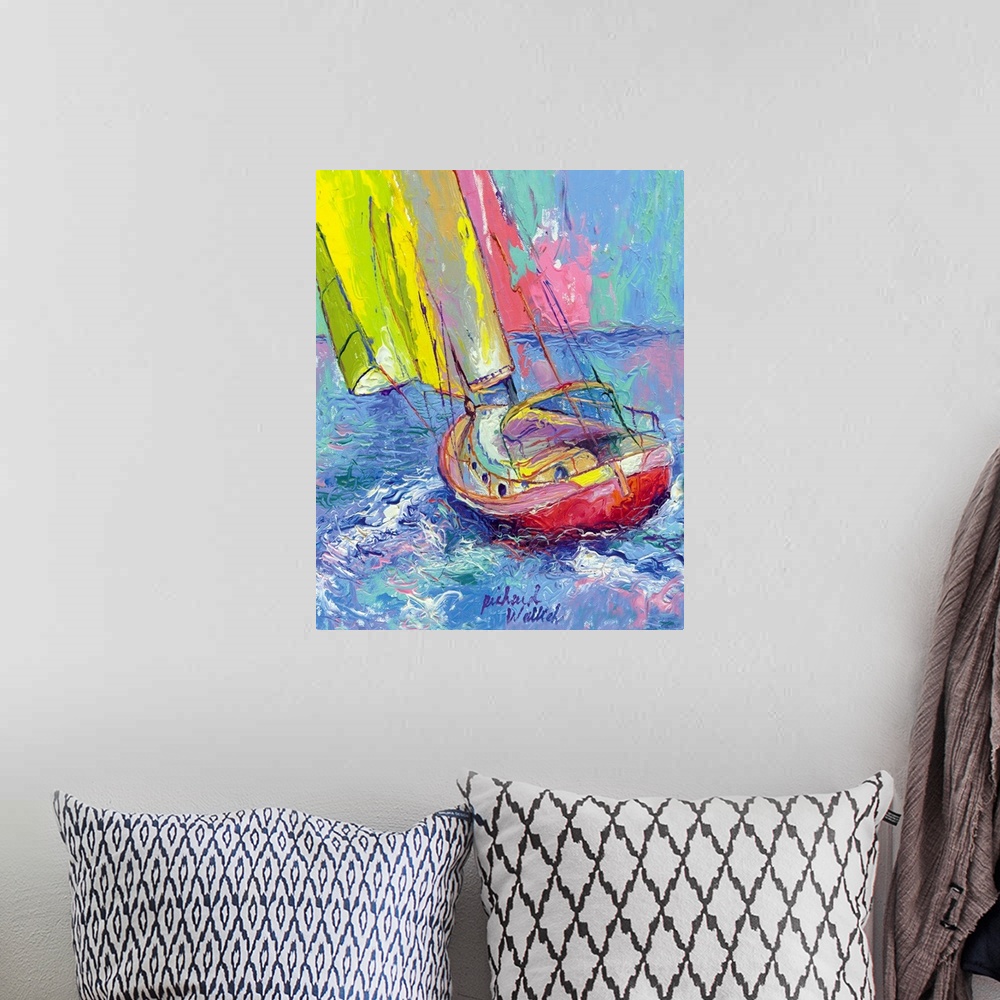 A bohemian room featuring A sailboat on the water.