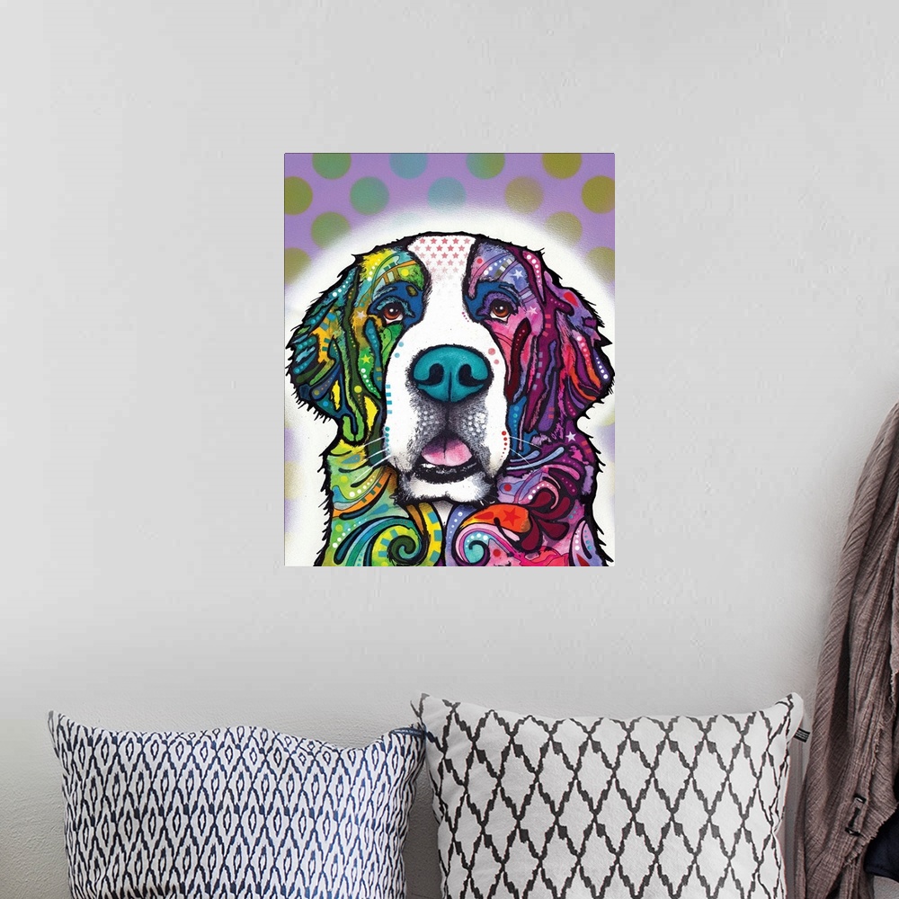 A bohemian room featuring Colorful illustration of a Saint Bernard with playful designs on a purple background with blue, g...