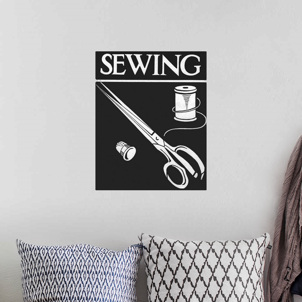 A bohemian room featuring Vintage poster advertisement for Sew Fine.