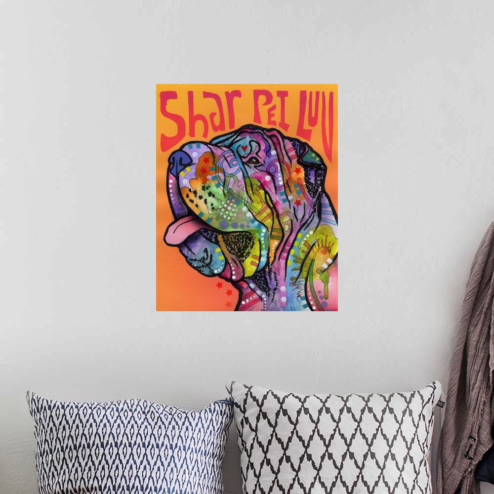 A bohemian room featuring Colorfully designed painting of a Shar Pei on an orange background with "Shar Pei Luv" spray pain...
