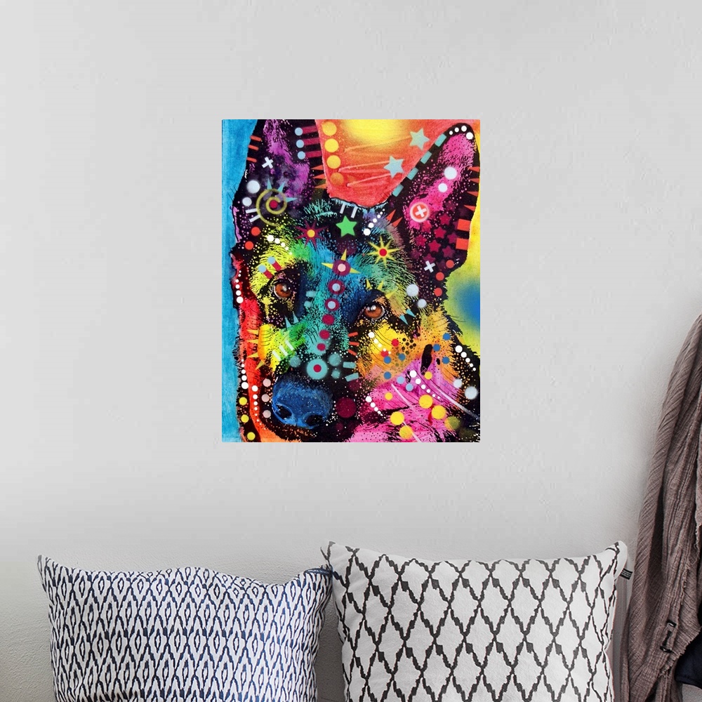 A bohemian room featuring Contemporary stencil painting of a german shepherd filled with various colors and patterns.
