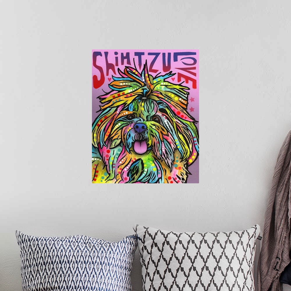 A bohemian room featuring "Shih Tzu Love" written around a colorful painting of a Shih Tzu with abstract markings on a purp...