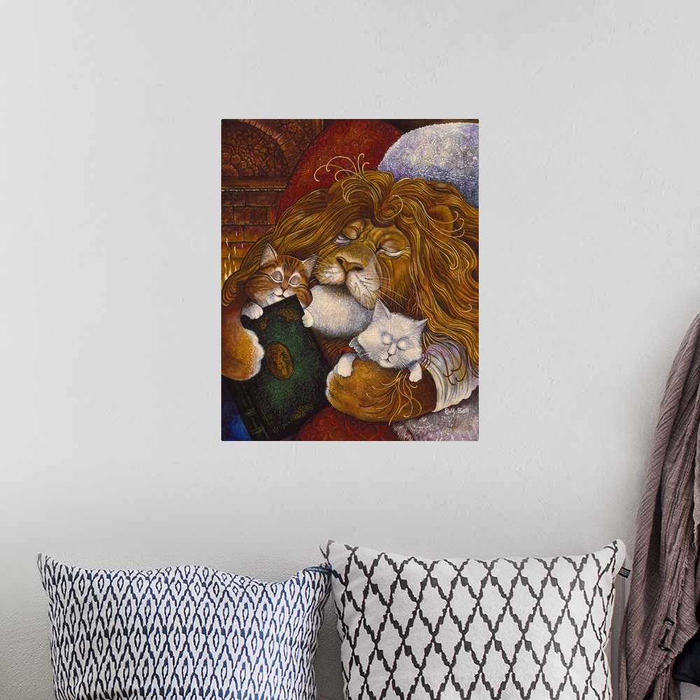 A bohemian room featuring Lion sleeping with cats.