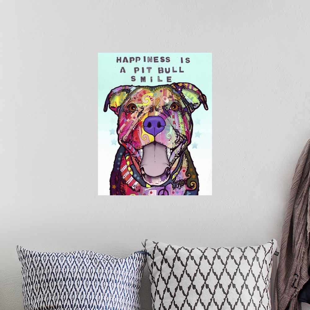 A bohemian room featuring Happiness is the Pit Bull smile.