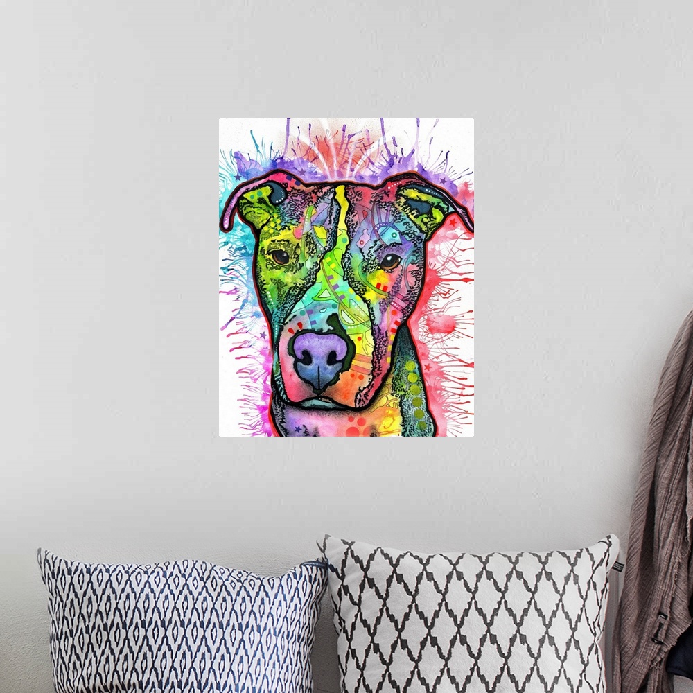 A bohemian room featuring Contemporary stencil painting of a pit bull filled with various colors and patterns.