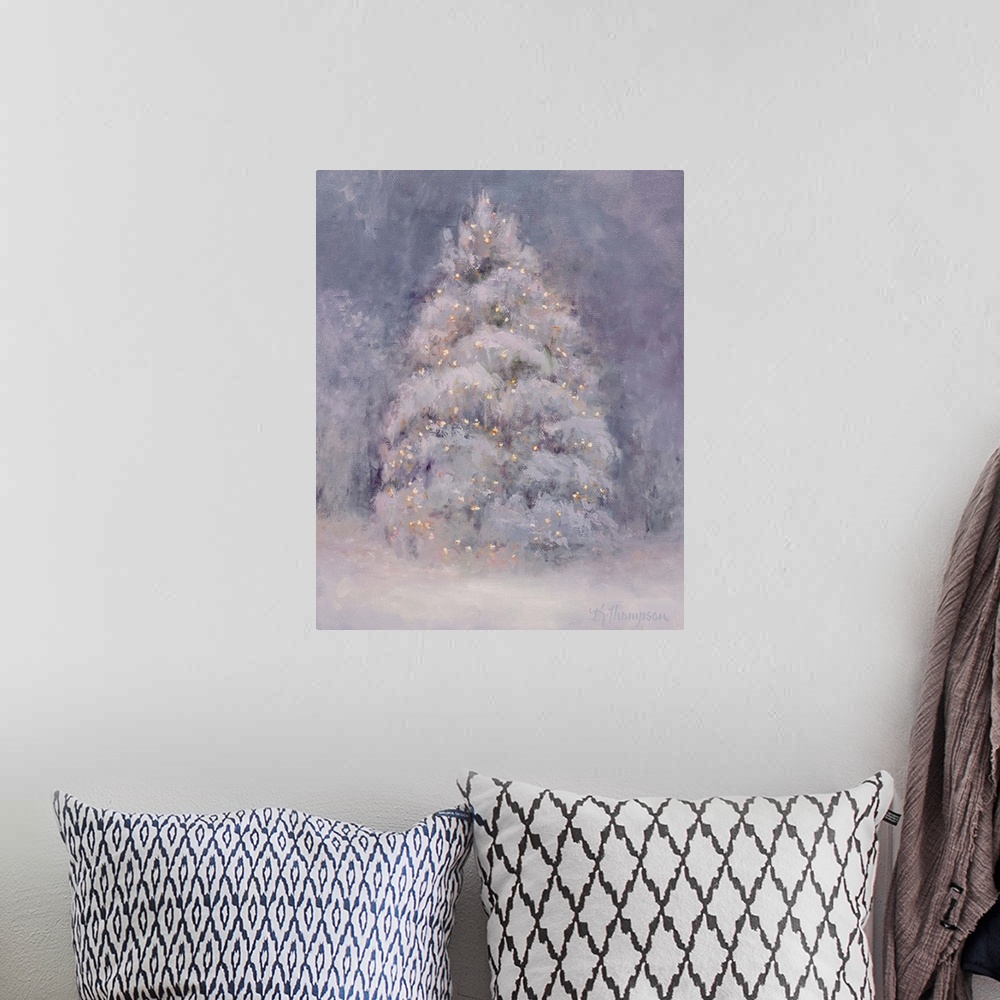 A bohemian room featuring Contemporary colorful painting of an idyllic winter scene.