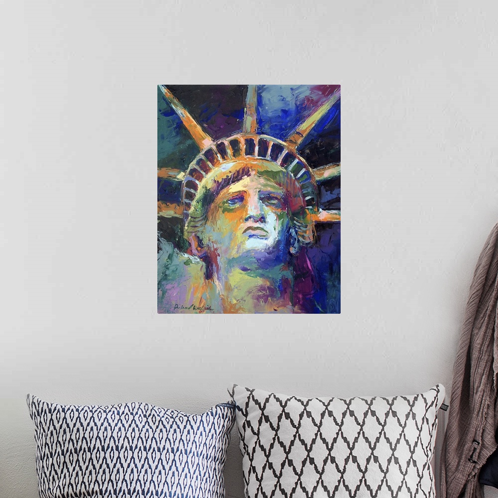 A bohemian room featuring Contemporary vibrant colorful painting of the statue of liberty's head.