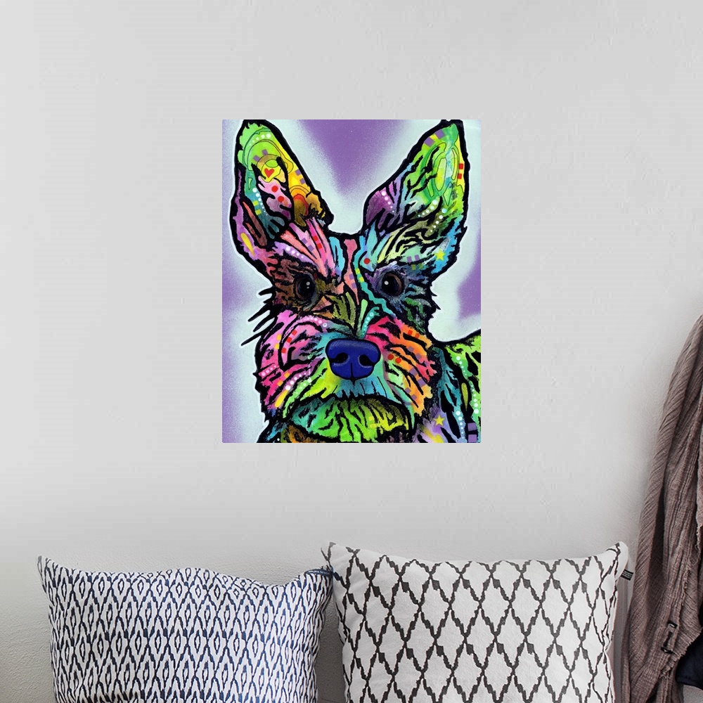 A bohemian room featuring Painting of a colorful dog with abstract markings on a purple background with a light blue spray ...