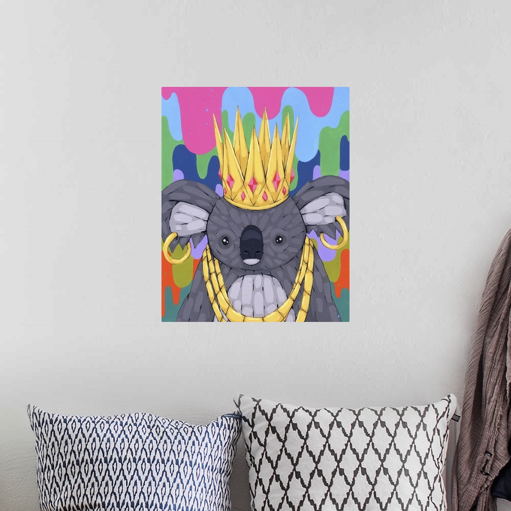 A bohemian room featuring Pop art painting of a koala wearing a crown and gold jewelry.