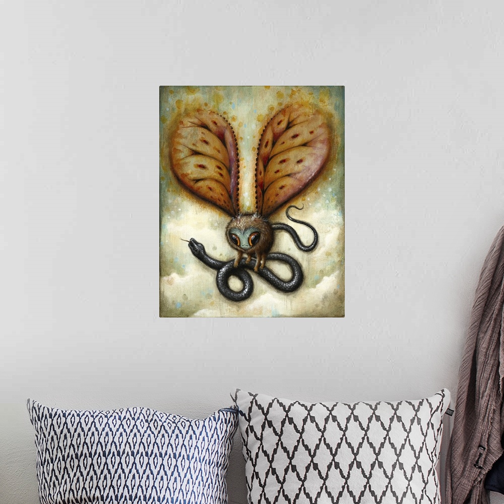 A bohemian room featuring Surrealist painting of a winged creature carrying a snake in the air.
