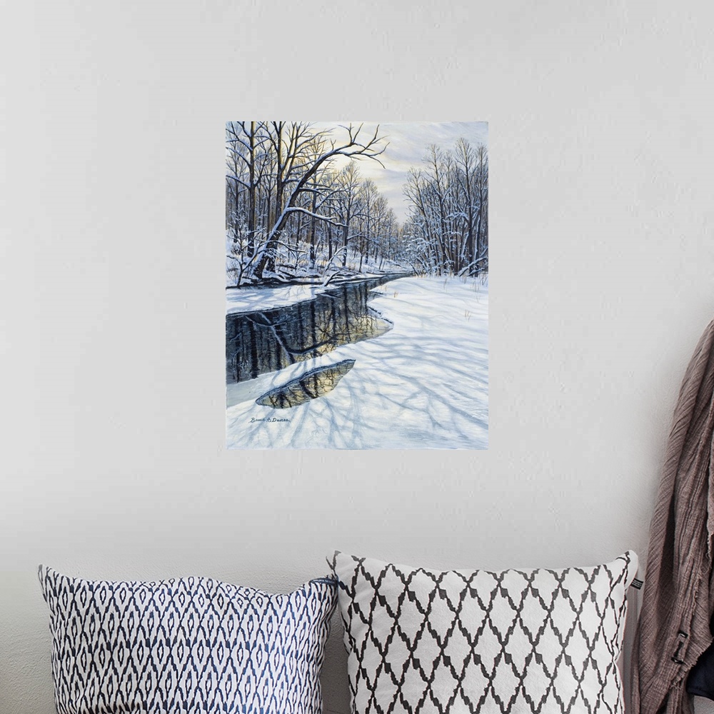 A bohemian room featuring Contemporary artwork of a winter forest scene with a partially frozen pond or stream.