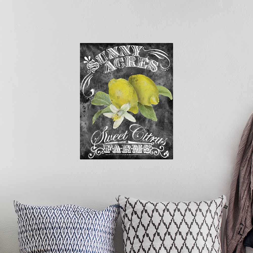 A bohemian room featuring Chalkboard-style sign for fresh lemons from the Farmer's Market.